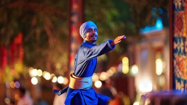 Vibrant Bhangra Dance Performer in Traditional Attire During Cultural Festival at Night with Colorful Lights