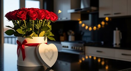 A bouquet of red roses with a heart tag in a cozy kitchen setting