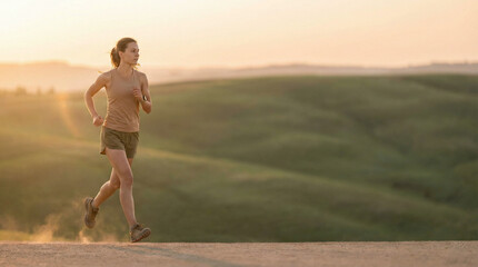 Woman Running on Scenic Road at Golden Hour
