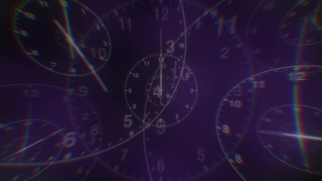 Abstract multiverse clocks forming infinite time loop animation. Ideal for sci-fi, future, technology and conceptual visuals. Seamless loop animation. Part of series.