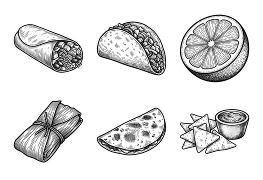Mexican food collection featuring burrito taco lime tamale quesadilla and chips in hand drawn vintage engraving style