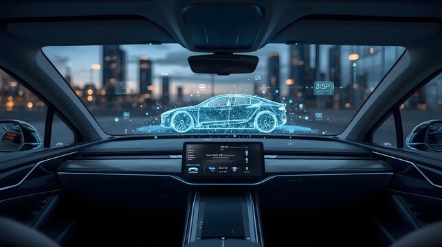 Futuristic autonomous car interior with holographic smart city dashboard