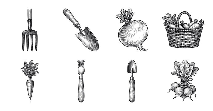 Set of hand drawn vintage garden tools and root vegetables in woodcut etching style featuring trowels hand fork and harvest basket.
