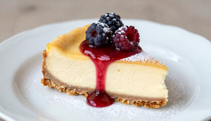 Slice of classic New York cheesecake topped with berry sauce and fresh berries.