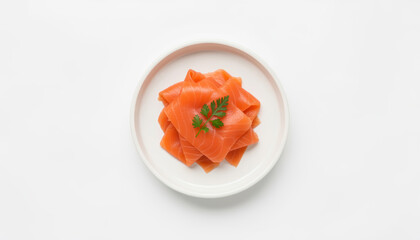 Stack of smoked salmon fillet slices with fresh parsley on white plate.