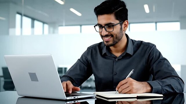 Smiling Indian man wearing glasses writing notes in a notebook while working on a laptop in a bright modern corporate office environment