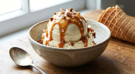 Vanilla ice cream with caramel sauce, pecan nuts, and sea salt in a bowl.