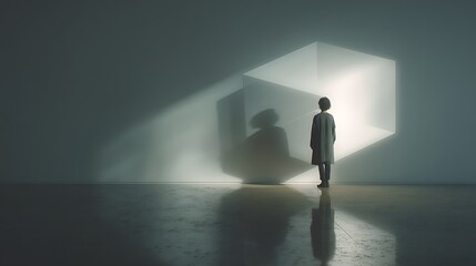 Fototapeta premium A person standing under a floating cube made of glass and shadow, symbolizing the unspoken pressure of emotion, elegant minimalist composition, 