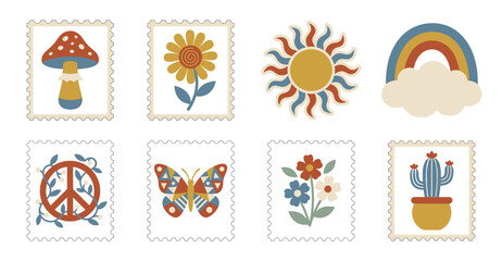 Fototapeta premium Retro Groovy Boho Mushroom and Floral Postage Stamp Collection for Hippie Scrapbooking Aesthetic