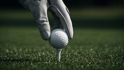 芝生のティーにボールを置く日本人ゴルファーの手元の接写