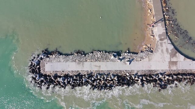 Aerial top view of birds gathering along shoreline with gentle waves washing sandy beach creating natural coastal pattern