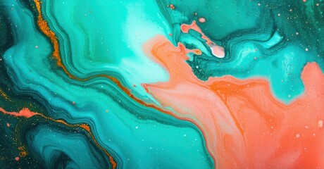 Fototapeta premium Abstract fluid paint swirls. Turquoise, coral, gold blend beautifully creating marbled effect. Texture appears dynamic, organic.