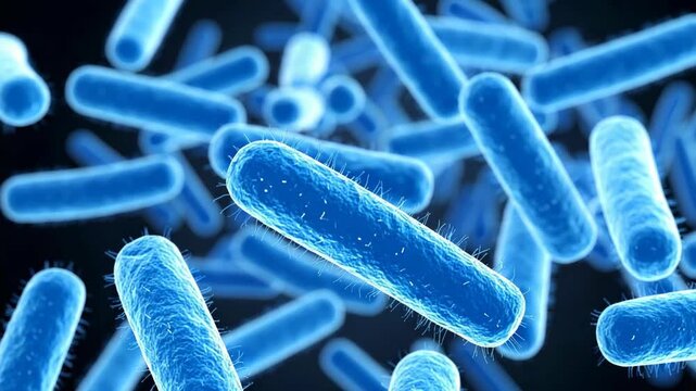 Microscopic view of rod shaped bacteria with flagella on a dark background science