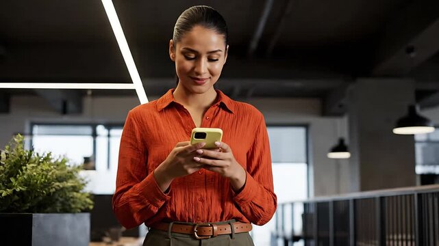 Attractive corporate employee smiling brightly as she sends messages on her cell phone standing in a large modern open space business office lobby or hallway