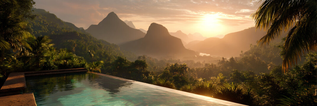 luxury tropical mountain resort at sunset, sunset over tropical rainforest luxury hotel pool, panoramic tropical mountains and rainforest from resort