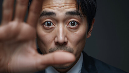 斜め構図の接写で驚きの目元と手元を強調した日本人男性の表情