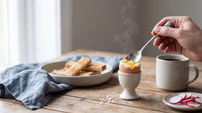 Cracking a Soft-Boiled Egg at Brunch (Minimal Table Details)
