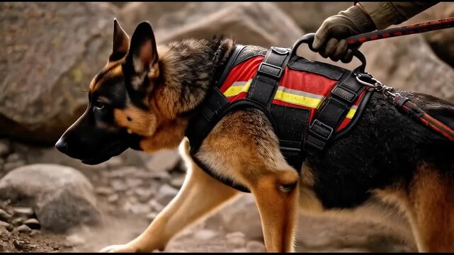 Search and rescue dog in bright working harness guided by handler on rocky terrain, emergency response K9 team tracking during disaster operation outdoors, canine service concept, generative AI