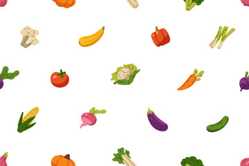 Endless background of different organic vegetables and natural agriculture crops. Repeatable pattern of various fresh veggies, healthy farm food, autumn harvest. Flat seamless vector illustration