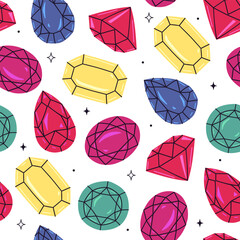 Seamless pattern with colorful gemstones of various shapes. Vector graphics.