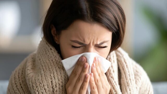 Woman blowing her nose with a tissue, feeling unwell and cold with a knitted scarf