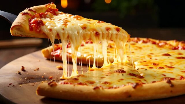 Pulling a cheesy pizza slice with long cheese strings