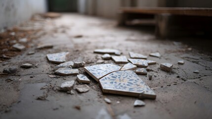 Naklejka premium Broken decorative tiles are scattered across a dusty concrete floor in a derelict building