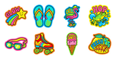 Naklejka premium Retro Summer Sticker Set with Colorful Vector Illustrations