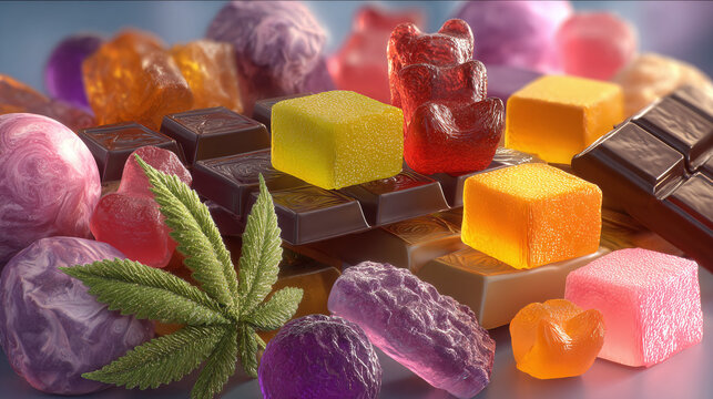 various cannabis-infused edibles such as gummies and chocolates, detailed textures and vibrant colors