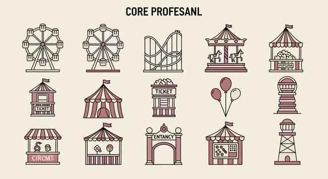 A collection of flat design amusement park and carnival icons including Ferris wheels, roller coasters, carousels, circus tents, game stalls, and ticket booths.