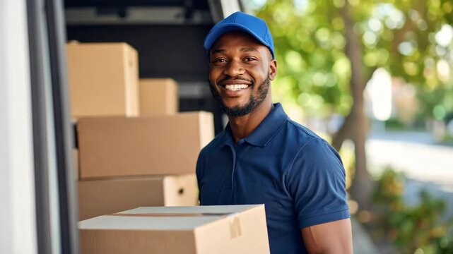 Smiling delivery man holding cardboard box near van with packages