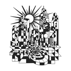 Fototapeta premium Abstract geometric city skyline illustration with sun and spiral path, black and white vector art.