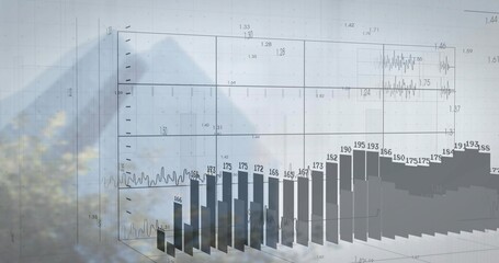 Displaying 3D bar chart with numeric labels and line plots on translucent wireframe grid over trees © vectorfusionart