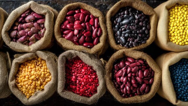 Burlap bags filled with a colorful assortment of dried beans and lentils providing plant-based protein