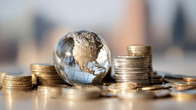 Crystal globe standing among stacked coins, representing global finance and international investment