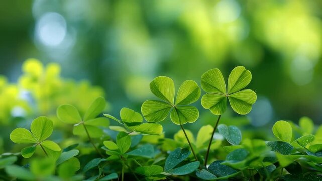 Green oxalis leaves growing in fresh nature with soft bokeh background