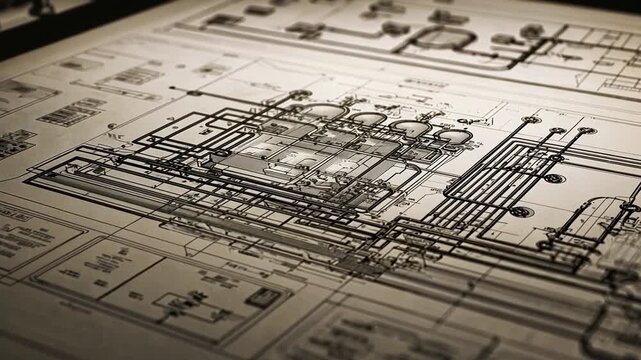 Detailed technical blueprint illustration on paper, viewed from above, showcasing complex engineering design