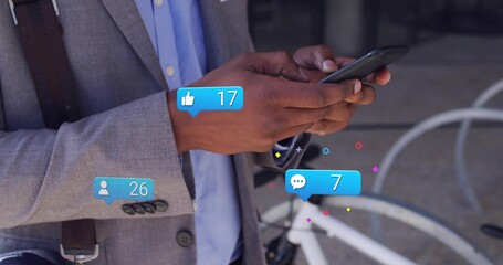 Scrolling mid adult worker in gray suit tapping phone at sidewalk with bike notifications © vectorfusionart