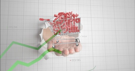 Holding mini cart, hand white-cuff reaching through torn grid, showing red % signs and green graph
