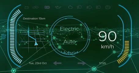 Obraz premium Displaying digital HUD at driver perspective, showing 90km or h readout, mode rings, wireframe map