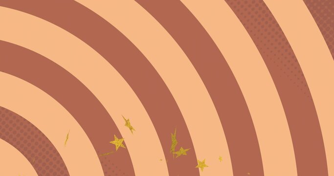 Displaying curved bands in peach and terracotta in vector art, showing halftone dots and gold stars