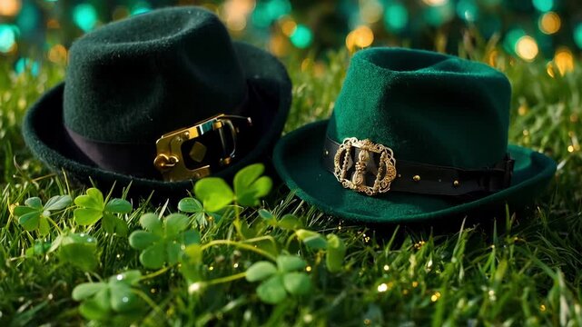 Two green leprechaun hats resting on grass with clover leaves for saint patrick's day celebration