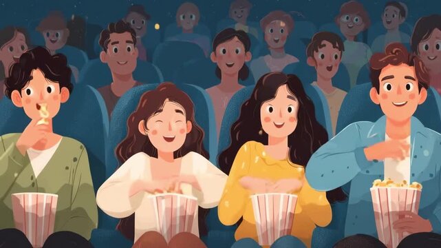 Group of smiling friends eating popcorn and watching a movie together in a theater