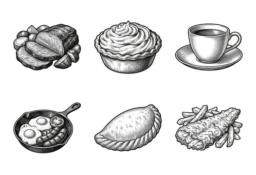 British cuisine food collection featuring hand drawn vintage woodcut illustrations of classic dishes and beverages