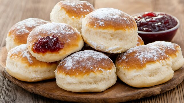 Freshly baked czech buchty buns with jam on wooden plate