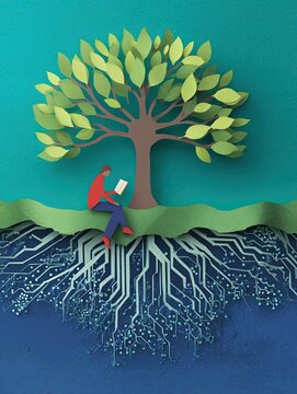 Large tree with digital roots supporting person reading beneath canopy showing knowledge growth connection between learning and technology