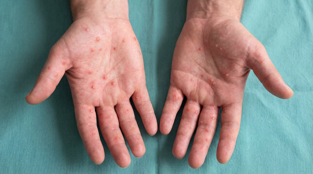 Close-up of human palms showing a skin rash with numerous small red bumps and blisters on a teal background
