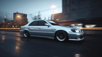 Naklejka premium silver luxury car in the city