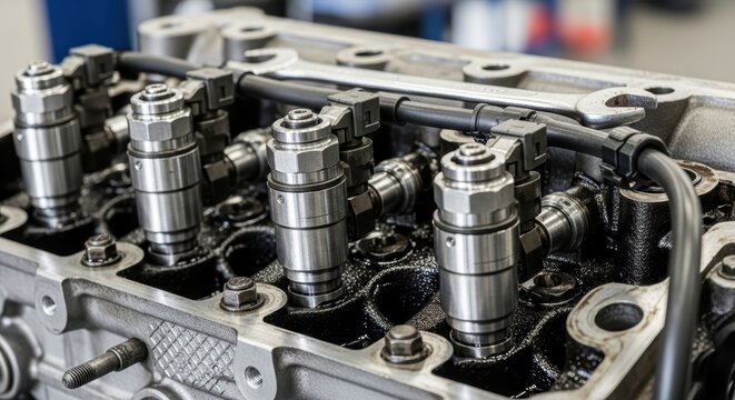 Close Up Of Diesel Engine Fuel Injectors In A Mechanic Workshop With Metal Wrench Overhead