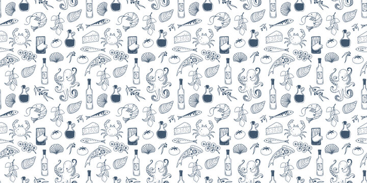 Seamless food pattern inspired by Italian markets featuring vegetables, olives, seafood and hand drawn doodle icons.